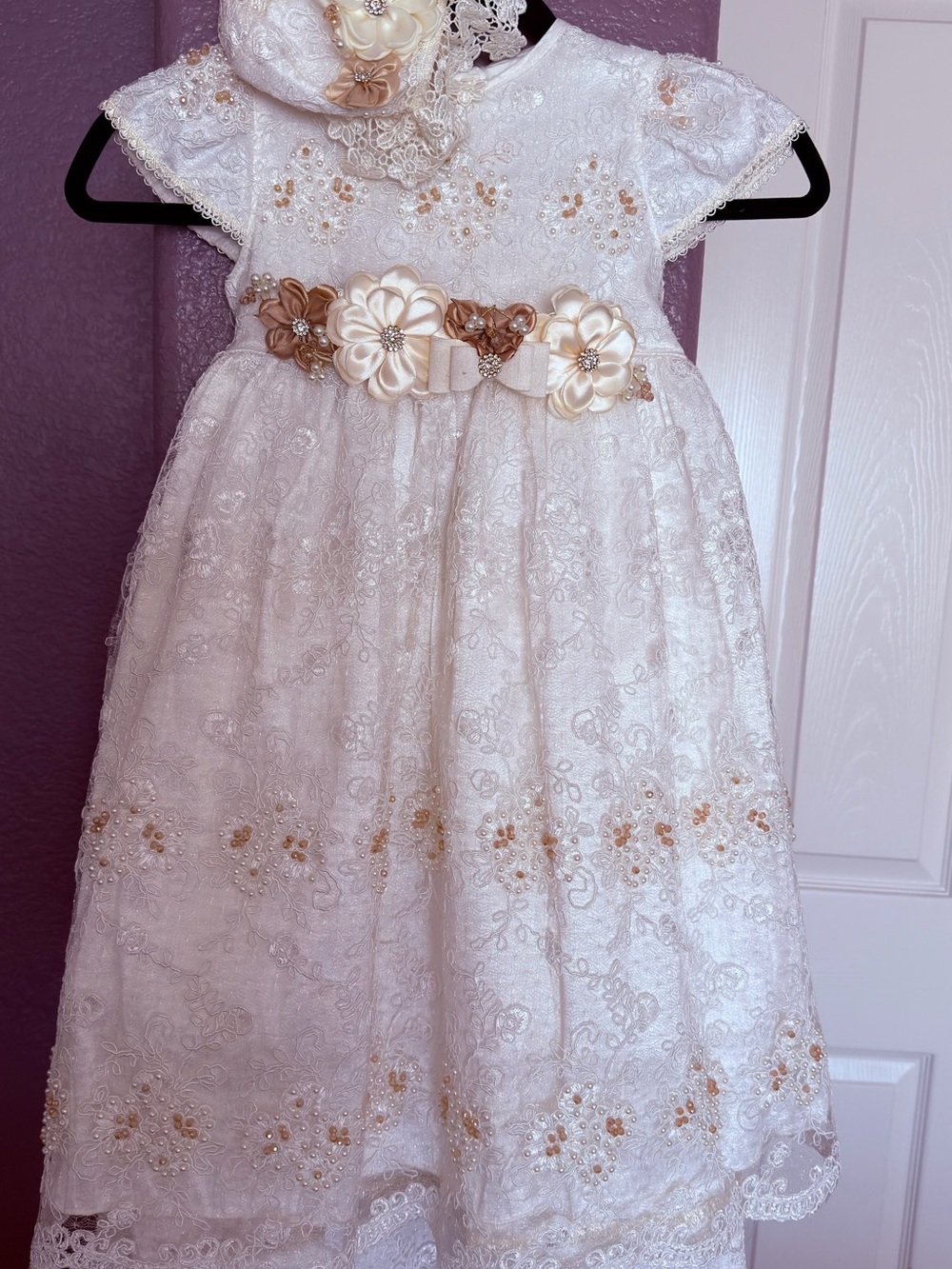 Girls' Ivory Lace Party Dress with Gold Floral Accents
